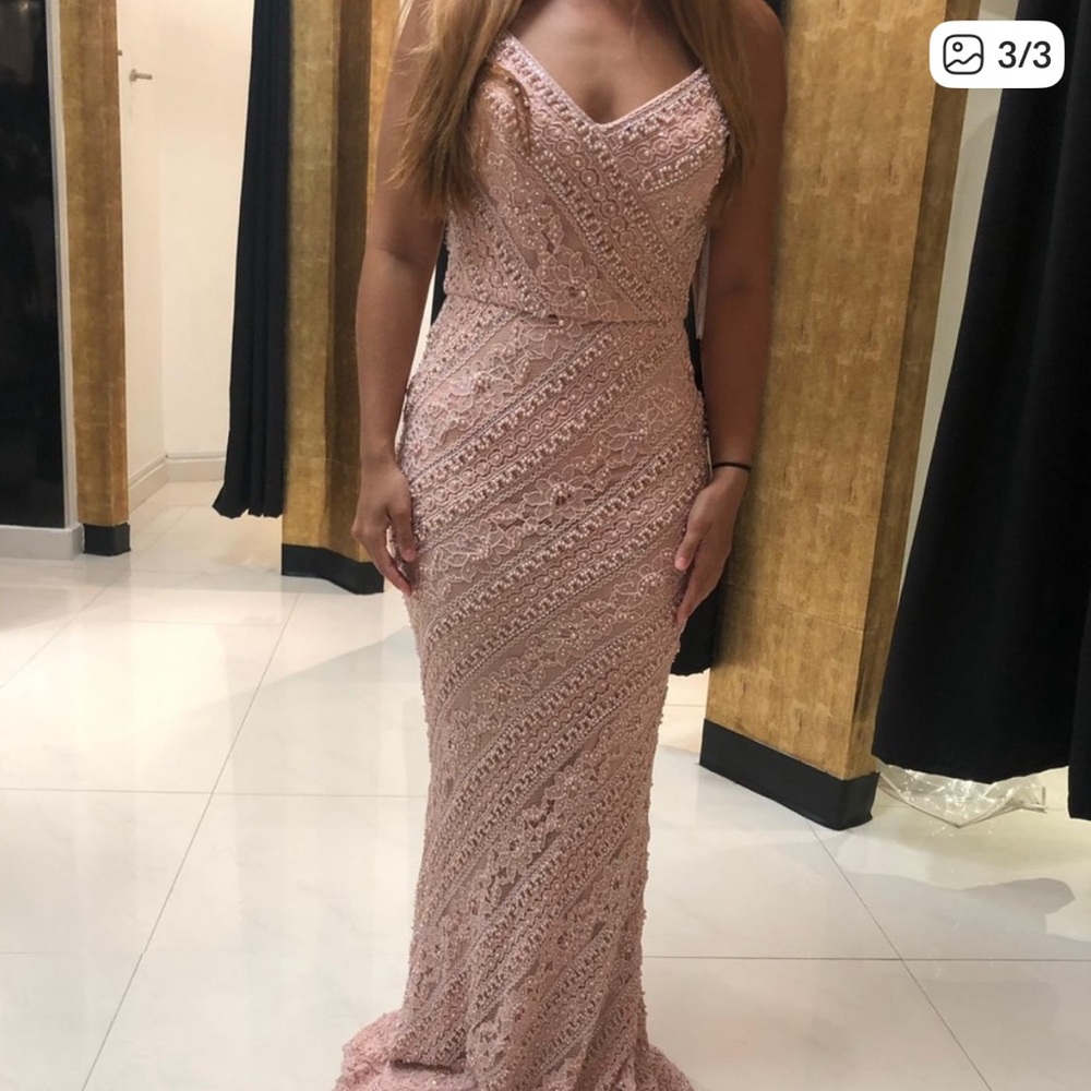 JVN by Jovani Blush Lace Maxi Dress